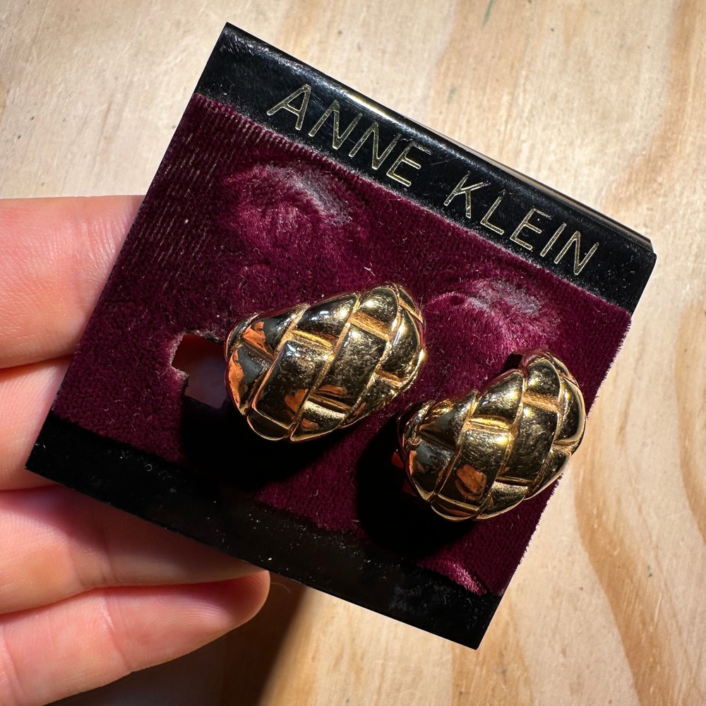 Anne Klein Vintage Gold Tone Basketweave Clip On Earrings Chunky Woven Statement